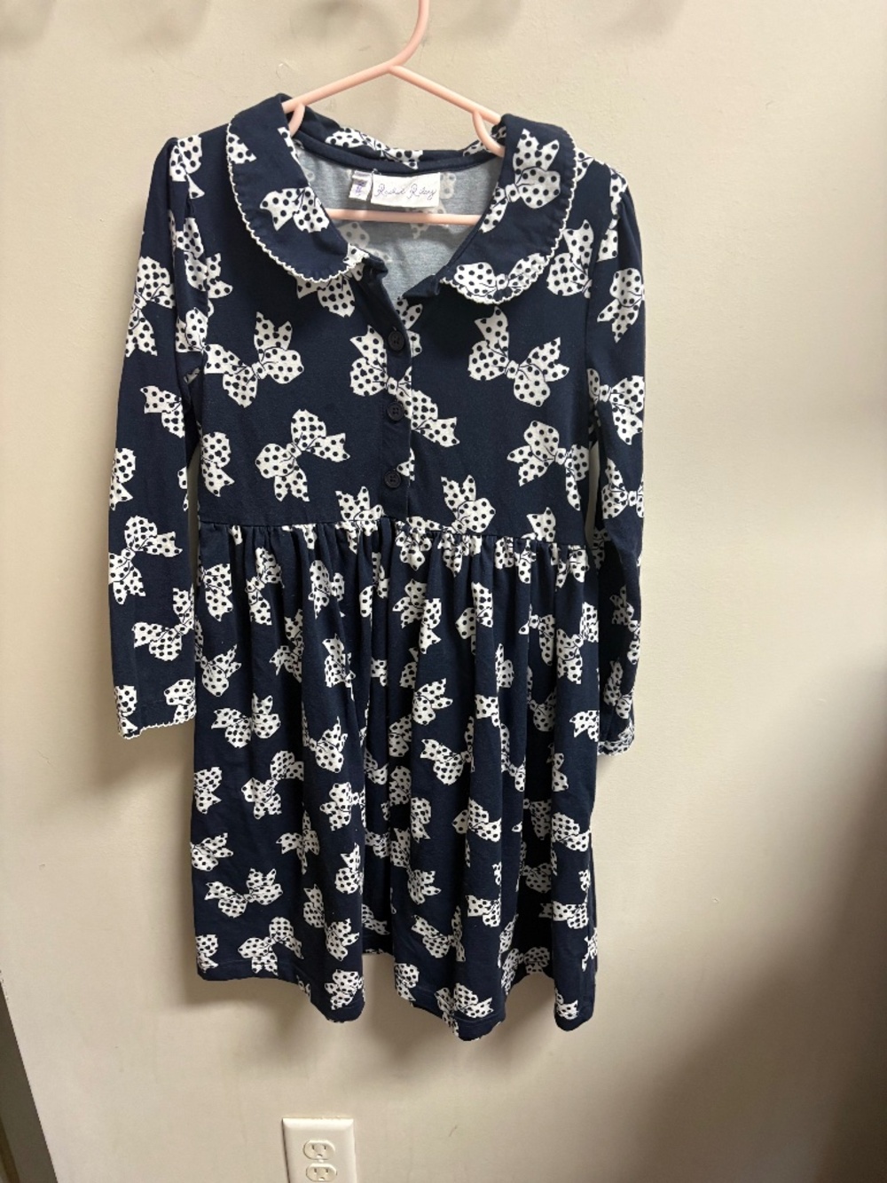 Rachel Riley Navy and White All Over Bow Long Sleeve Dress
